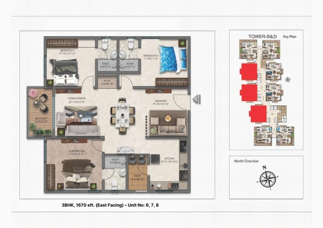 3 BHK 1670 sq.ft. East Facing floor plan — Moonglade Kokapet